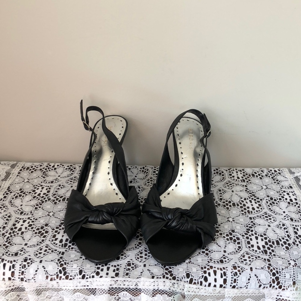 BCBGirls 9.5 Leather Knotted Open Toe Strap Heel